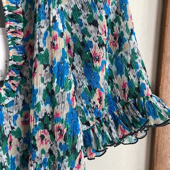 Ganni Pleated Georgette Ruffle V-Neck Blouse in Floral Azure Blue - Picture 5 of 16